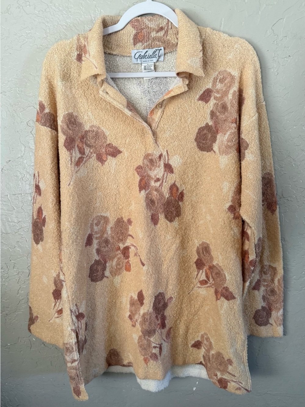 Vintage Women's GABRIELLA T Italy Floral Polo Collared Sweater L Wool Blend